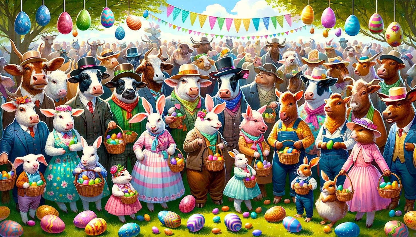 An Easter celebration scene with farm animals dressed in Easter Sunday clothing, participating in an Easter egg hunt with their children. The setting is outdoors, possibly in a park or a garden, with colorful Easter eggs hidden throughout. The farm animals, showcasing an equal mix of male and female, are dressed in vibrant, festive attire, reflecting the joyous occasion. Their children, also diverse farm animal characters, are actively searching for eggs. The scene exudes a cheerful, family-friendly atmosphere, emphasizing diversity and the spirit of Easter.
