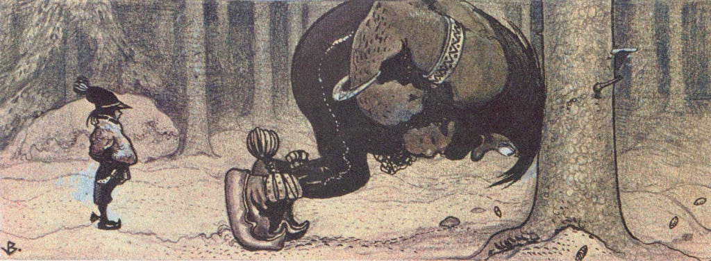Tegningen viser Stalo og Kauras, et samisk folkeventyr gjendiktet av svensken P. A. Lindholm på begynnelsen av 1900-tallet og illustrert av John Bauer. Tegningen viser Stalo og Kauras, et samisk folkeventyr gjendiktet av svensken P. A. Lindholm på begynnelsen av 1900-tallet og illustrert av John Bauer.