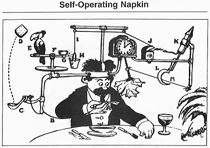 Rube Goldberg's Self-Operating Napkin, an intricate cartoon involving several moving parts and a perched toucan.