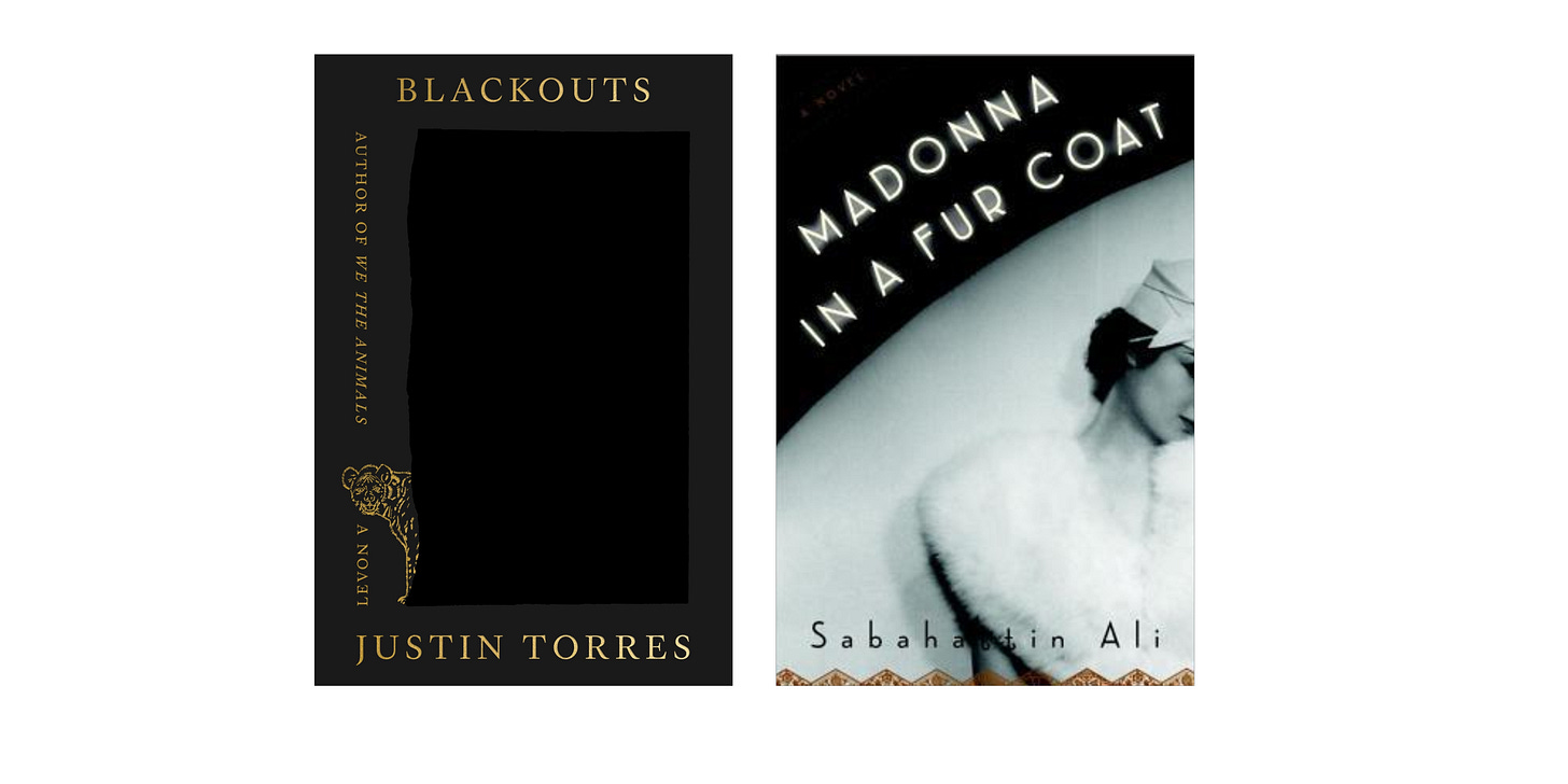 Book covers for Blackouts by Justin Torres and Madonna in a Fur Coat by Sabahattin Ali