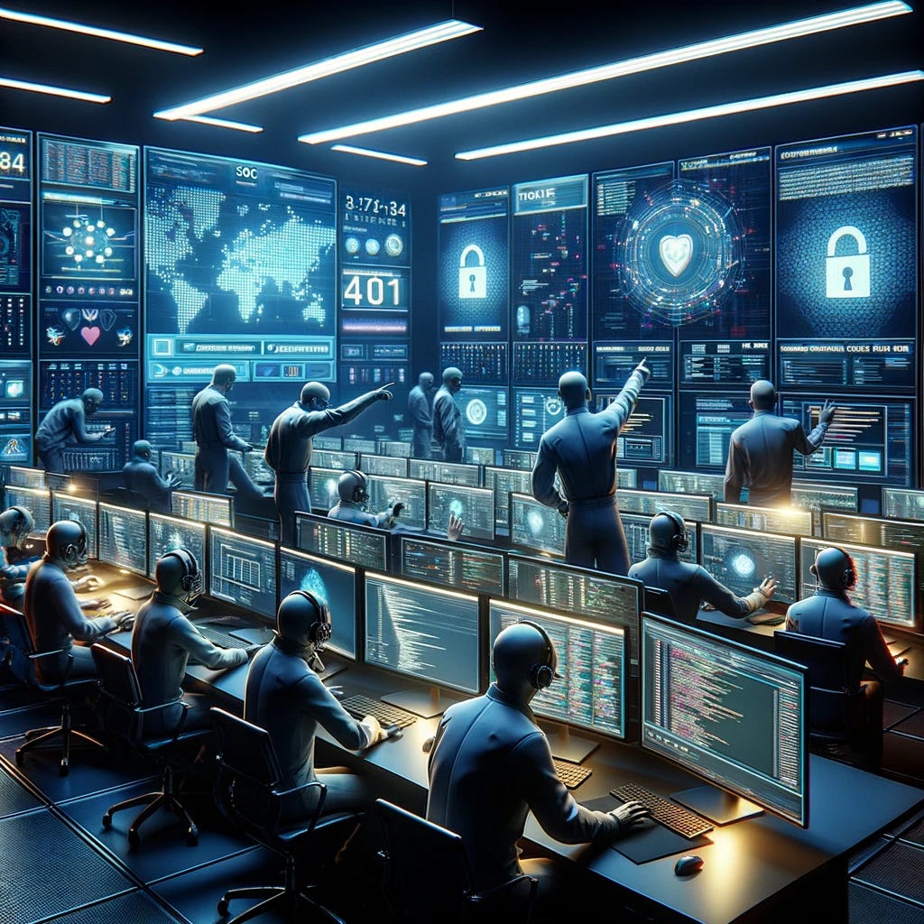 Imagine a high-tech Security Operations Center (SOC) filled with urgency and action. This scene includes animated characters, depicted as cybersecurity experts, actively monitoring screens with real-time data and alerts. They are working in a modern, dimly lit room illuminated by the glow of multiple large displays showing dynamic cyber threat maps, code, and security dashboards. The characters are dressed in professional attire, some pointing at screens while others discuss strategies or type rapidly on keyboards. The environment buzzes with the energy of collaboration and swift response to potential threats, symbolizing the frontline defense in the cyber world. The room features state-of-the-art technology, including servers, workstations, and a large digital clock counting down to a critical deadline, emphasizing the continuous battle against time to protect digital assets.