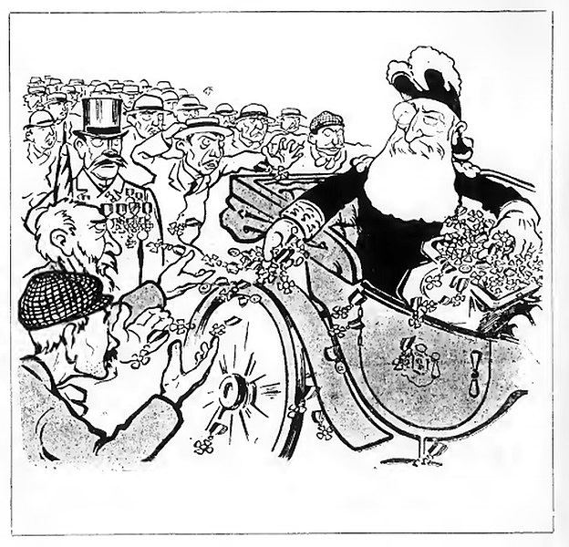 Arquivo: desenho animado retratando o rei Leopoldo II dos belgas jogando medalhas para a multidão.jpg