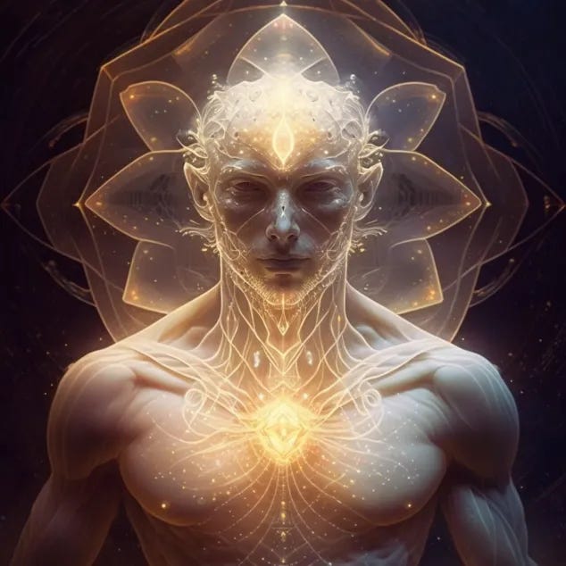 “The human ego drawing all external consciousness from the quantum realm and transforming it for personal use like light through a crystal in the mind.”
