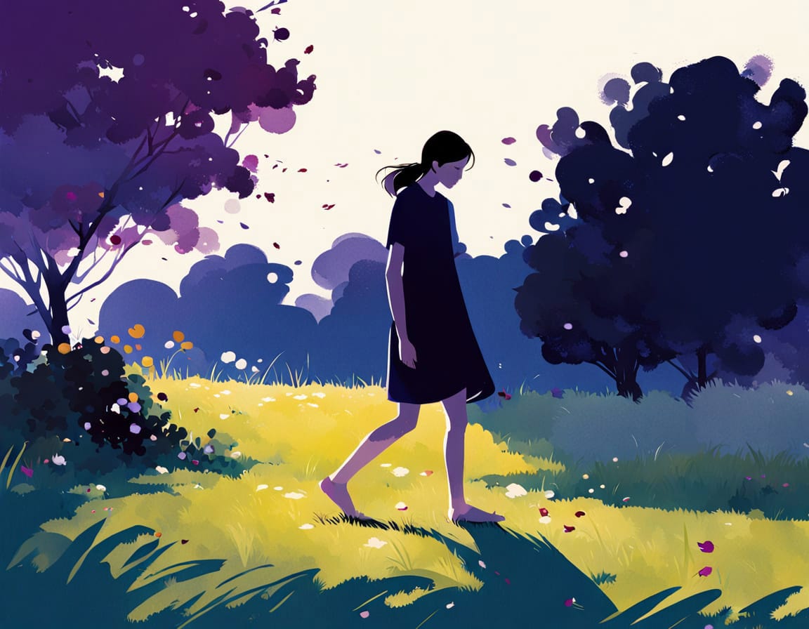 ilustración de una mujer caminando descalza por la hierba