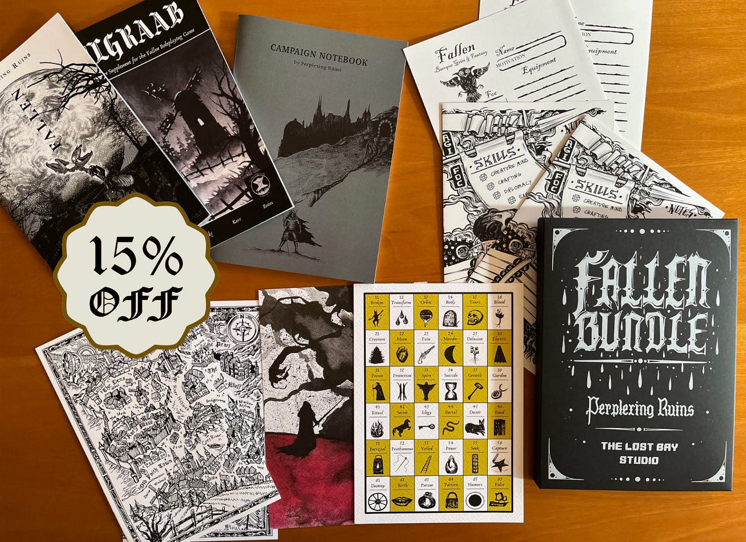 The Fallen Bundle black folder-box and its contents: the Fallen ttrpg zine, a city adventure location zine and its maps, the Campaign Notebook four character sheets, the Demon art print and d66 solo oracle handout.