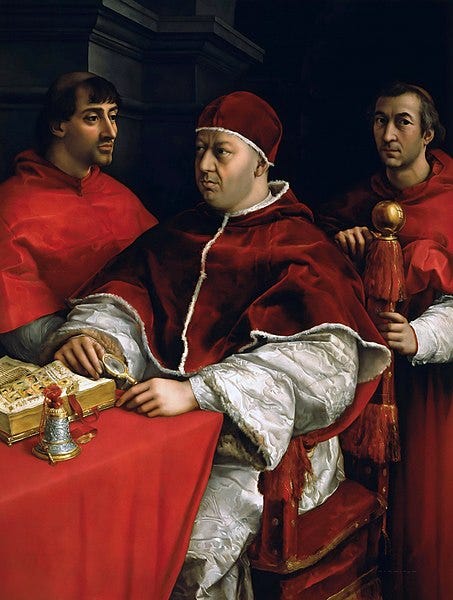 File:Portrait of Pope Leo X and his cousins, cardinals Giulio de' Medici and Luigi de' Rossi (by Raphael).jpg