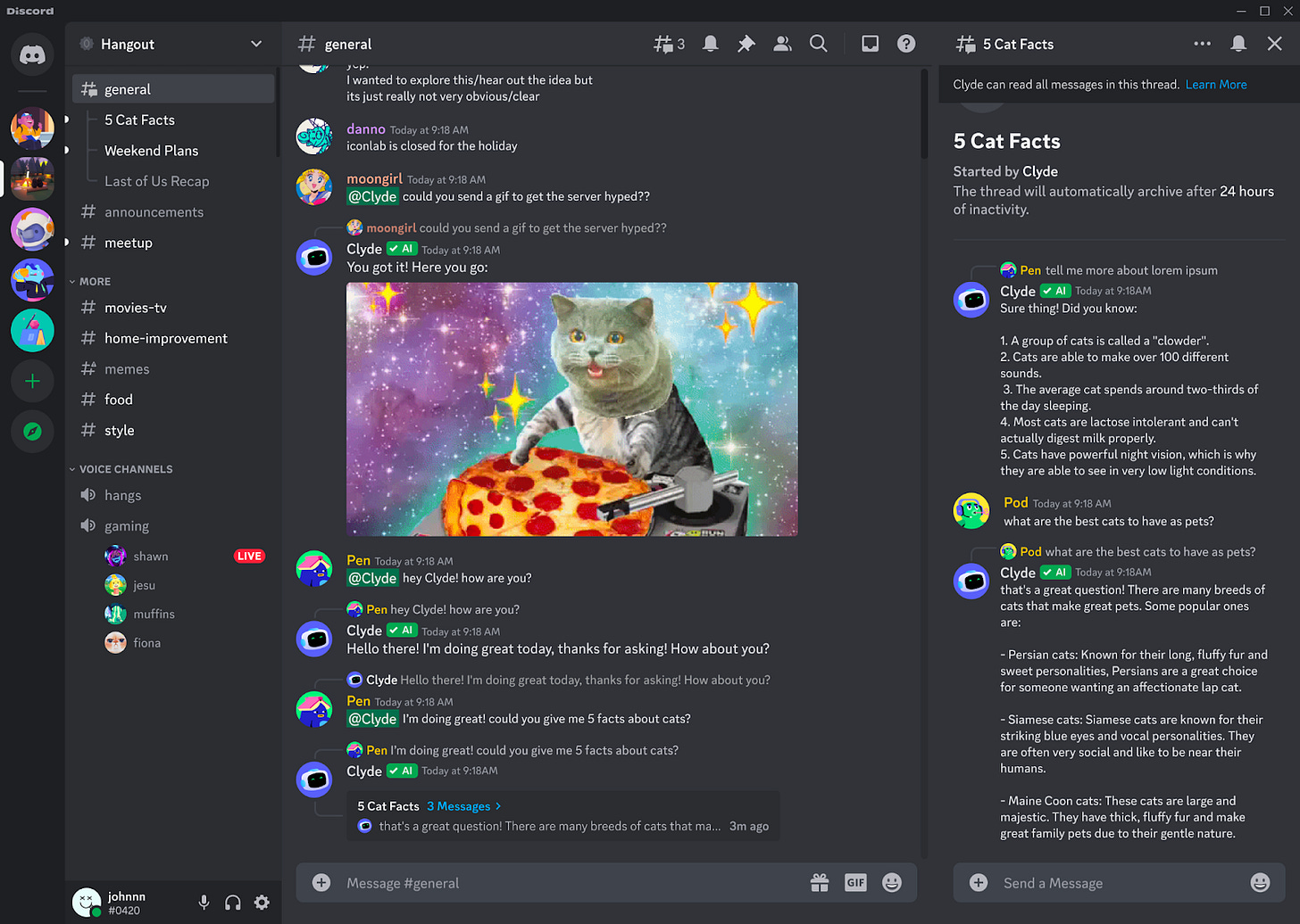 A user interacting with Cylde within their Discord server. They’re asking Clyde for Cat Facts, and Cylde has opened a Thread to answer without interrupting the server’s ongoing conversation.