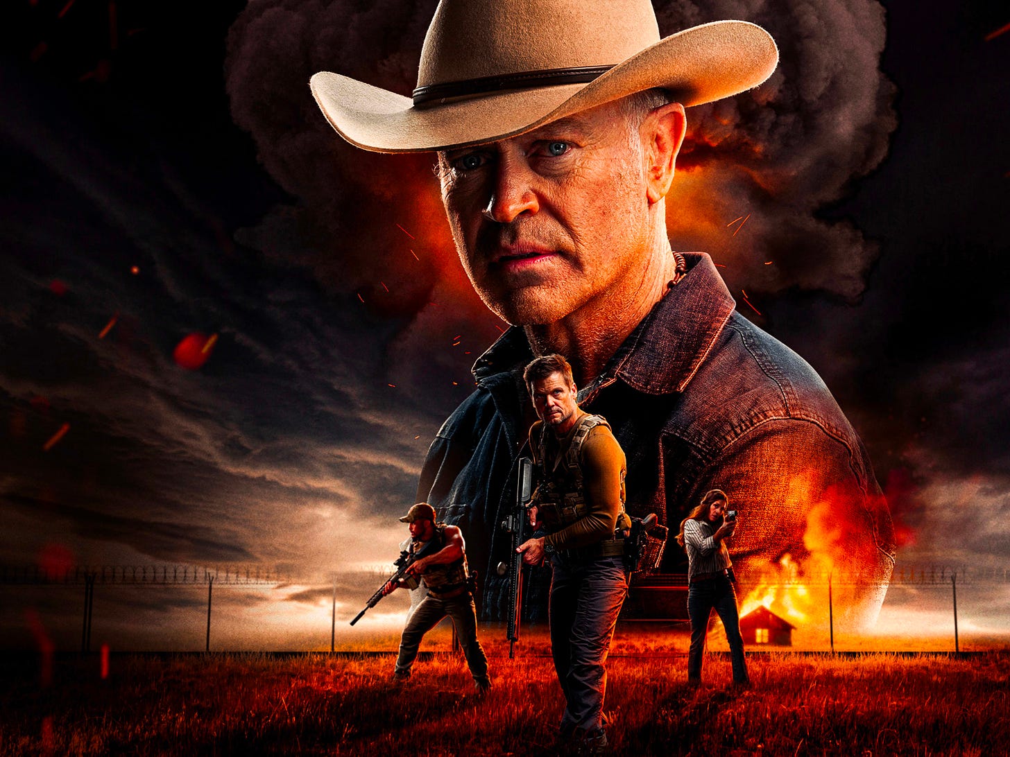 Official movie poster for Homestead (2024) featuring a white man in a cowboy hat above three characters with guns and a fire in the background