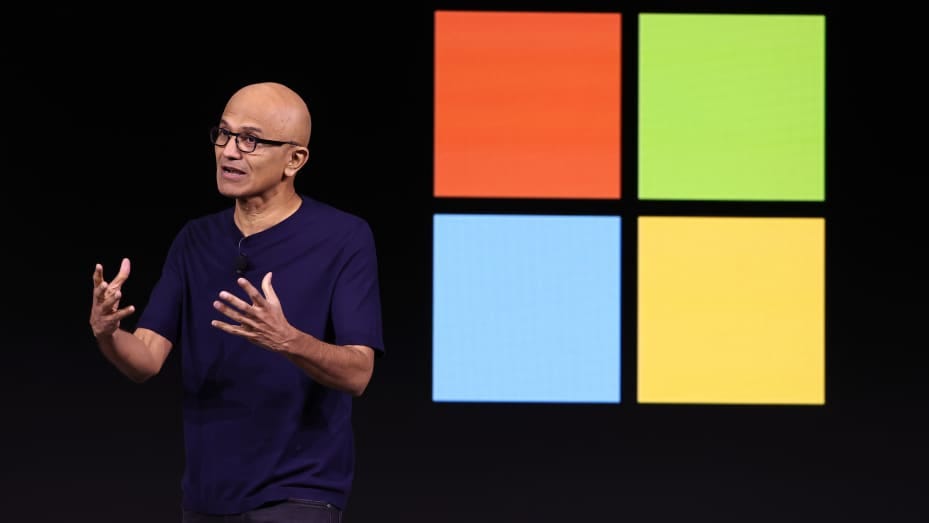 Microsoft CEO Satya Nadella speaks during the OpenAI DevDay event on Nov. 6, 2023 in San Francisco. OpenAI CEO Sam Altman delivered the keynote address at the first-ever conference.