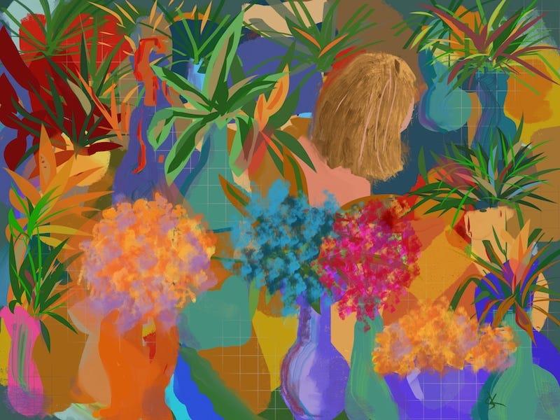 Painting by Sherry Killam of multicolored flower bouquets surrounding a hidden woman.