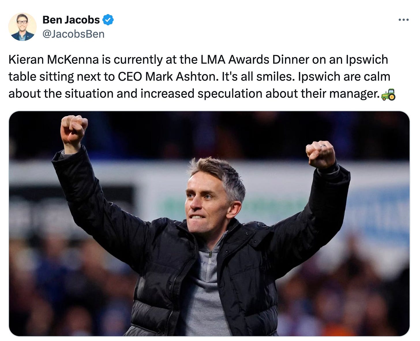 A tweet from Ben Jacobs in May 2024 about Chelsea's interest in Kieran McKenna