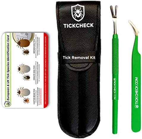 TickCheck Premium Tick Remover Kit - Stainless Steel Tick Remover + Tweezers, Leather Case, and Free Pocket Tick Identification Card (1 Set)