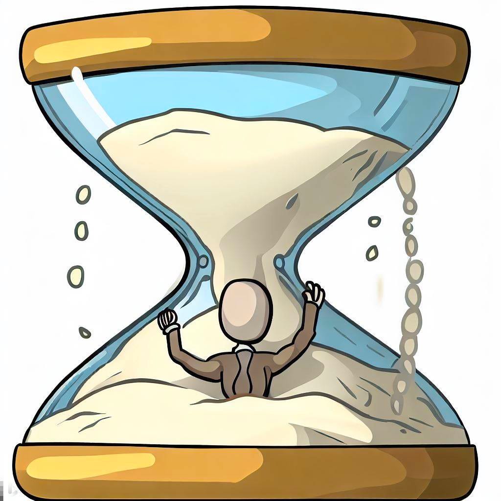 A cartoon of a person drowning in sand in a big hourglass