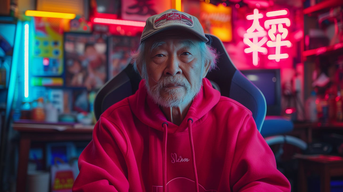 a portrait studio shot of an old japanese man wearing a baseball cap and plain red hacker hoodie | he is sitting on a gaming chair | neon deco in the background --style raw --ar 16:9 --v 6.0 --s 250