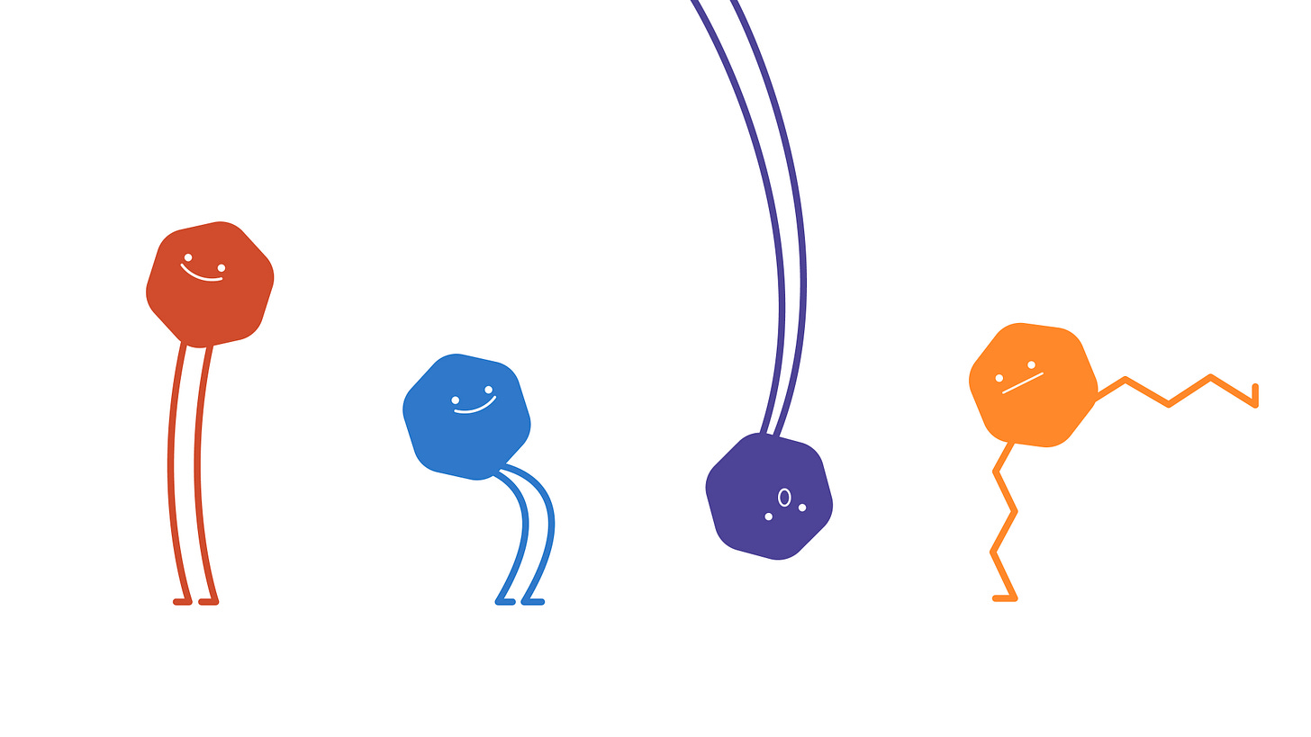 four little guys in the shape of hexagons flex their legs