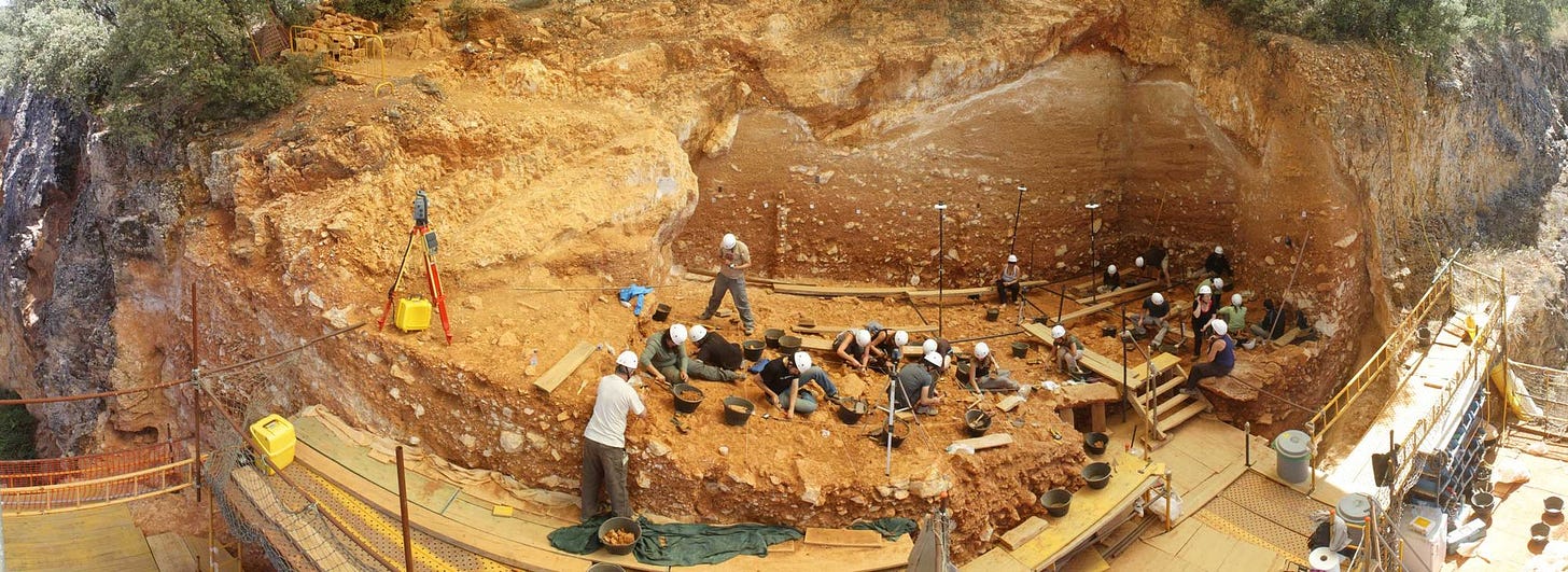 Panoramic image of excavation at Gran Dolina with archaeologists at work.