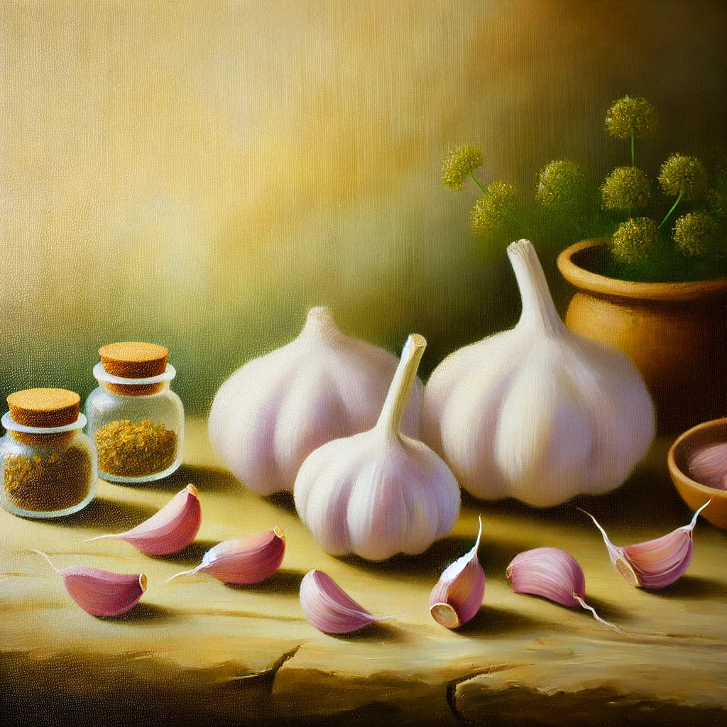 A beautiful oil painting featuring a still life of garlic. The scene includes several garlic bulbs and cloves, artfully arranged on a rustic wooden table. There are potted herbs and small jars filled with dried herbs around the garlic, creating a natural, earthy ambiance. The background is softly blurred to emphasize the garlic in the foreground, and the lighting is warm and gentle, evoking a sense of calm and natural healing. The overall mood of the painting is serene and focused on the beauty of simple, traditional remedies.