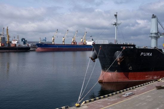 Bulk carriers are docked at the Odesa port.