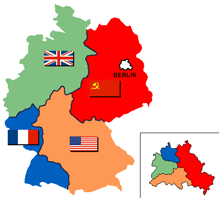 Map showing England controlling NW, Soviet Union controlling NE, France controlling SW, and US controlling SE. 