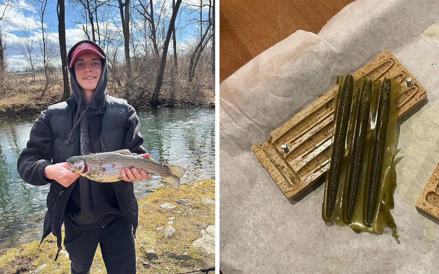 A high school angler with a rainbow trout; a biodegradable lure fresh out of a mold.