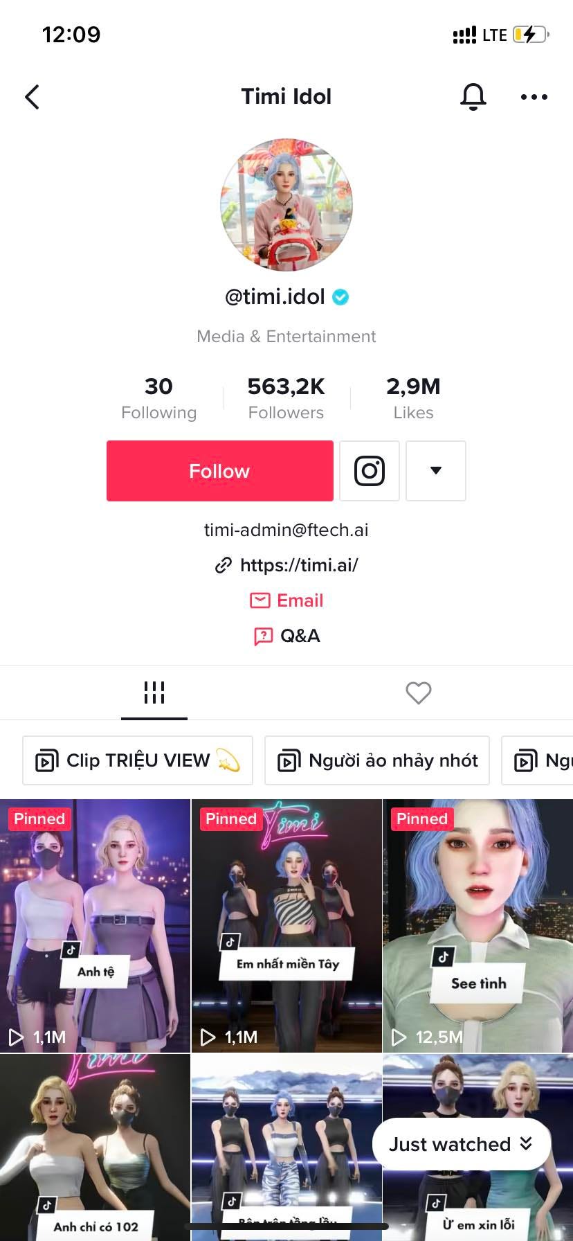 May be an image of 10 people and text that says '12:09 < LTE Timi Idol @timi.idol Media Entertainment 30 Following 563,2K Followers 2,9M Likes Follow timi-admin@ftech.ai à https://timi.ai/ Email Q&A Clip TRIỆU VIEW Pinned Người ảo nhảy nhót Pinned Ng Pinned Anhtệ Em nhất miền Tây ▷ 1,1M See tình 1,1M 12,5M よ Just watched 02 J'emxinlỗ'