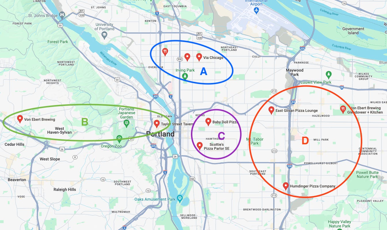 Map of Portland with pizzeria's marked