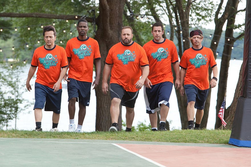 Adam Sandler and his crew suited up and ready to… take on a killer clown? I’m not really sure.