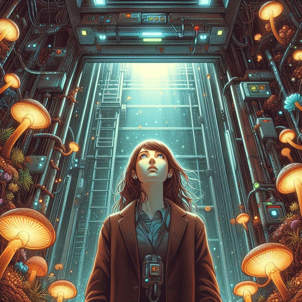 brown haired woman in a geothermal well elevator with glowing fungus around her, solarpunk drawing