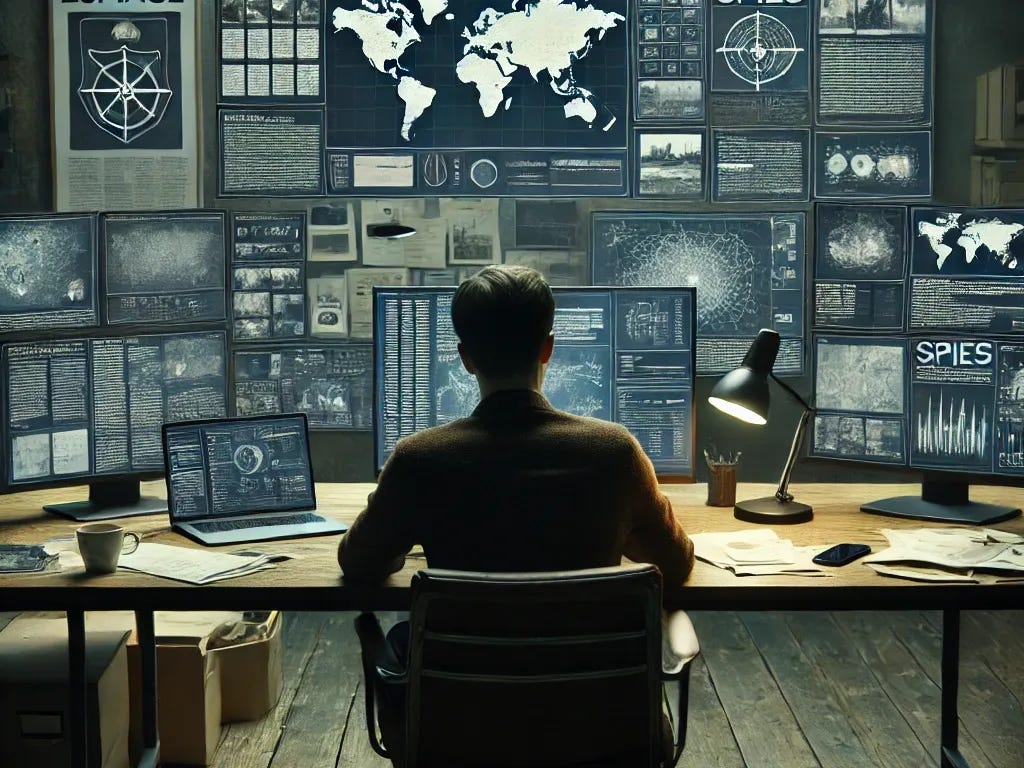 A person sitting at a desk in a dimly lit room, surrounded by multiple computer screens and digital devices. Each screen displays articles, diagrams, maps, and files related to espionage, spies, and intelligence gathering. The person looks focused, leaning slightly forward, with notes and documents scattered around. The background has a mysterious, covert vibe, with muted tones and some light casting shadows for a suspenseful atmosphere.