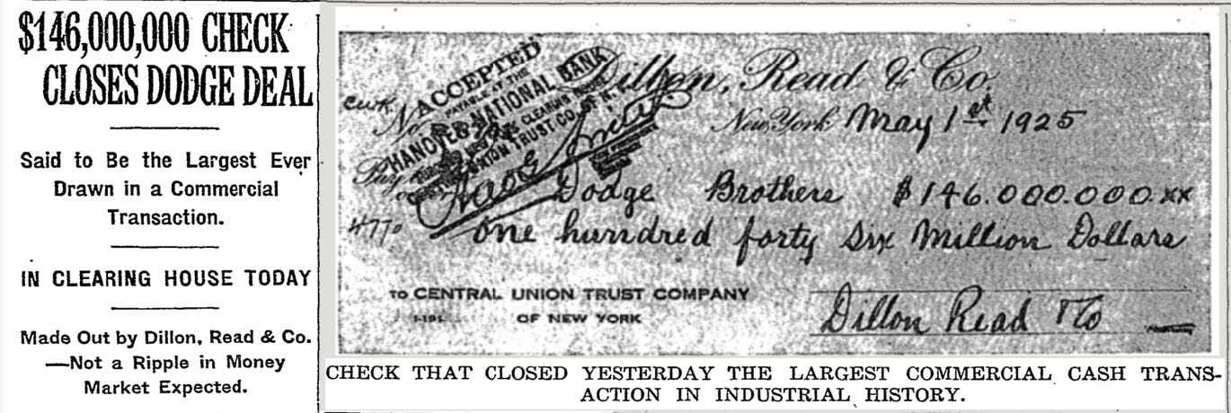 Headline: "146,000,000 Check Closes Dodge Deal" with picture of Check from Dillon Read Co.
