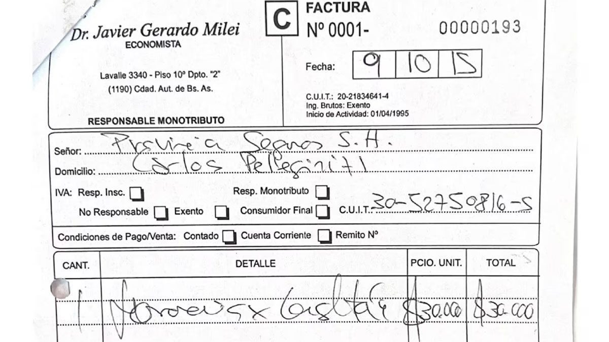 Una de las facturas por las que Milei tuvo que responder ante la AFIP.