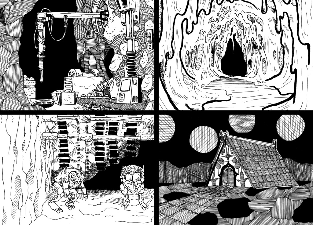 Extracts of original line art by Hodag: a mine shaft, a goopy tunnel, giant bugs in front of city ruins built into a cave, a creepy A-frame lodge. Cap: select illos in The Unseen City.