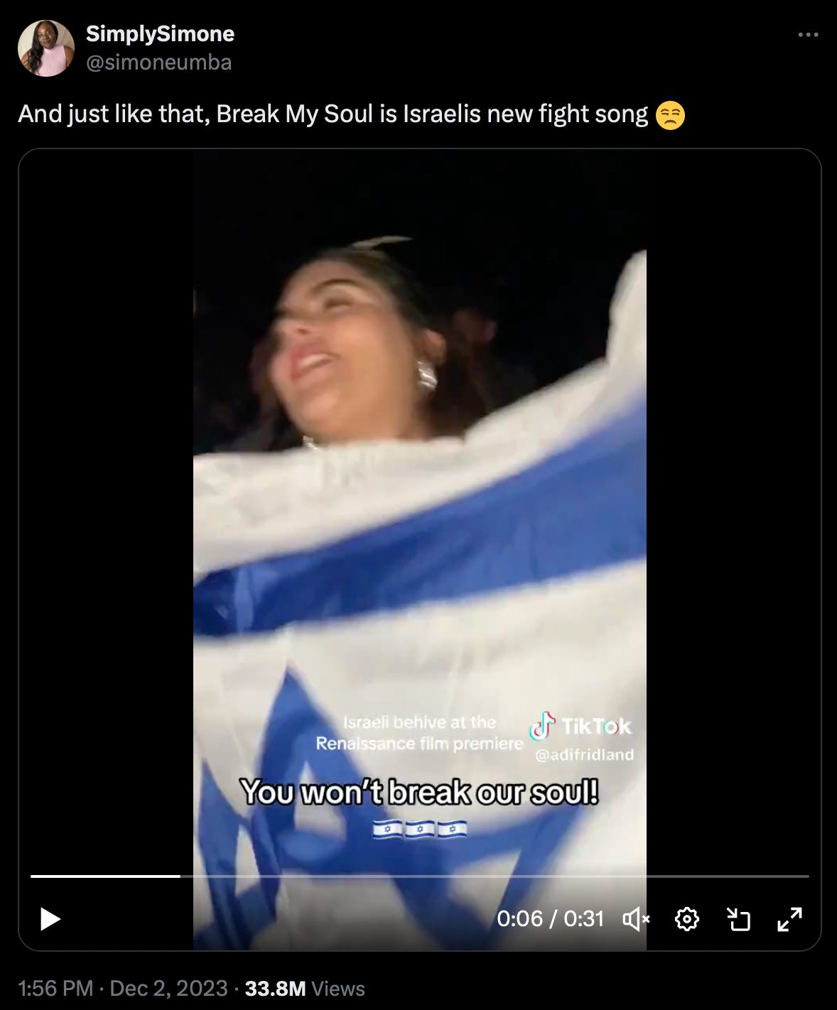 screenshot of a tweet that circulated the following video the 3.3 million views: Israelis wave their flag in the Renaissance World Tour movie, singing you won’t break my soul in reference to the ongoing genocide against Palestinian men, women, and children. As of March 2024, the death toll from civilian casualties exceeds 40,000.