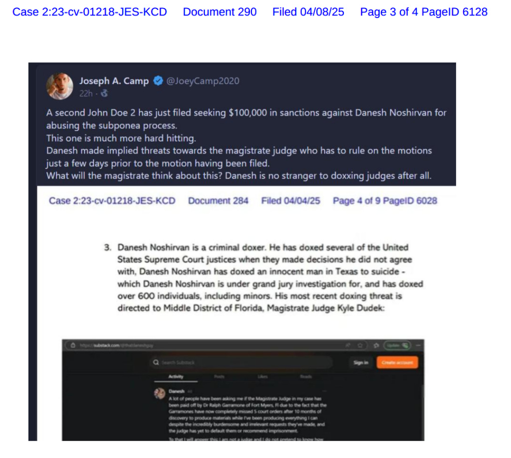 Cancel Culture Courtroom: SCOTUS doxxer Danesh Noshirvan turns Florida lawsuit into content circus as Fort Myers federal court loses control.