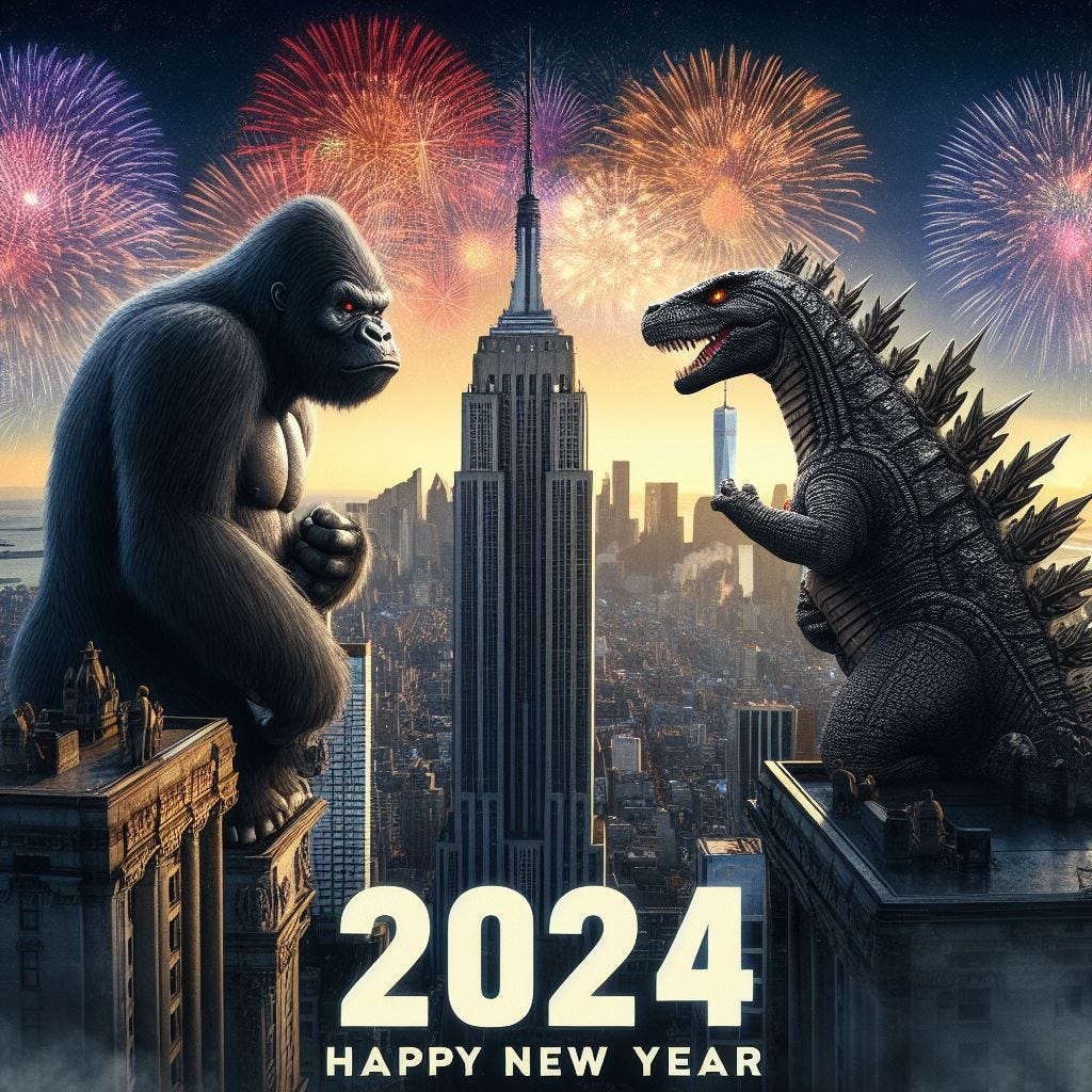 create 2024 new year with kong vs godzilla theme