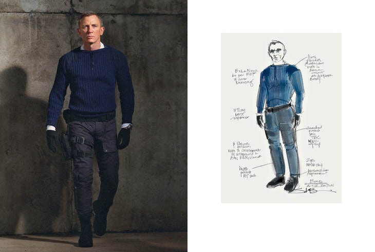 A photo of Daniel Craig as James Bond and a sketch of his clothes