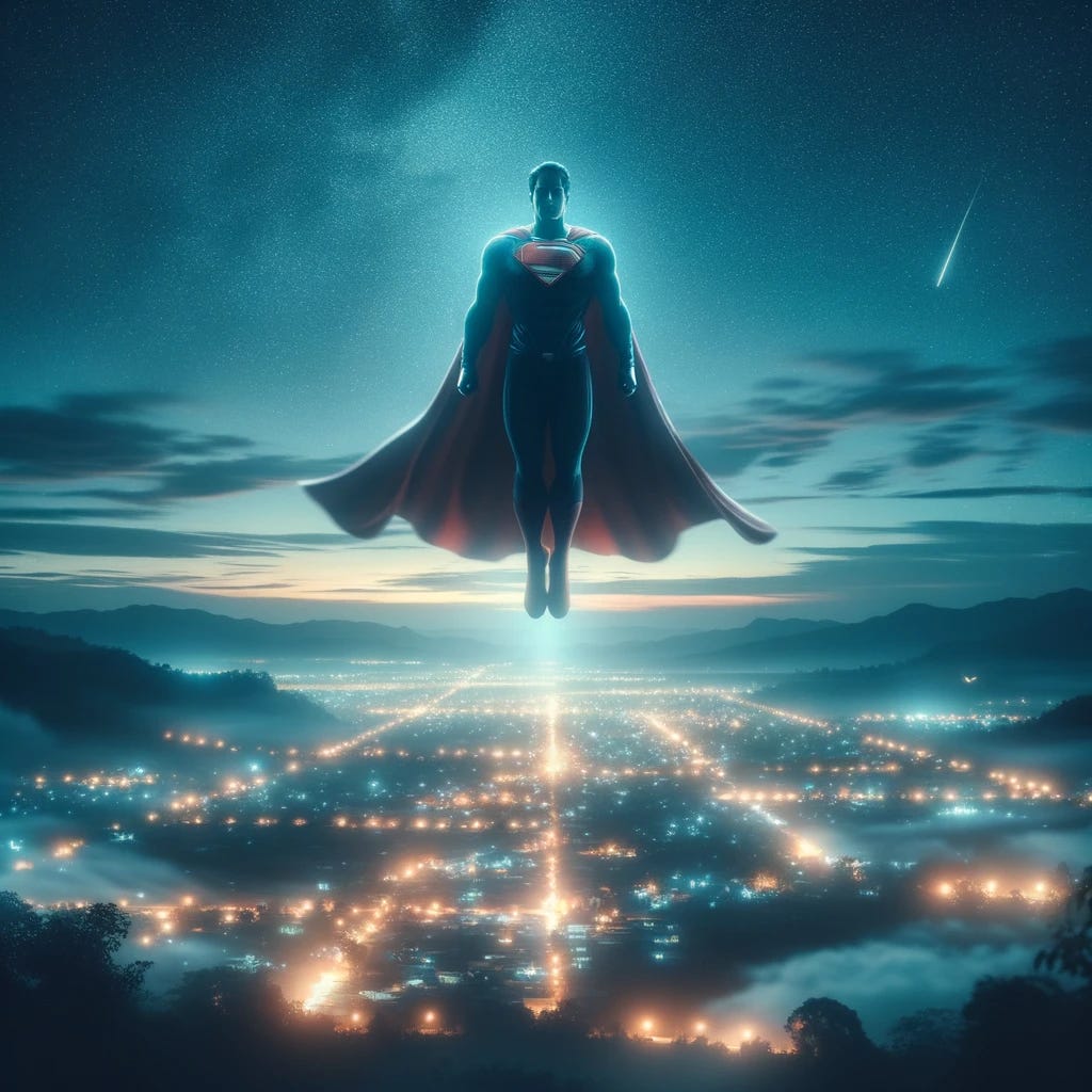 Photo of a figure, representing the Man of Steel, hovering high in the sky, overseeing a sprawling city illuminated by the soft glow of streetlights. The serene backdrop of the starry night sky adds to the ambiance.