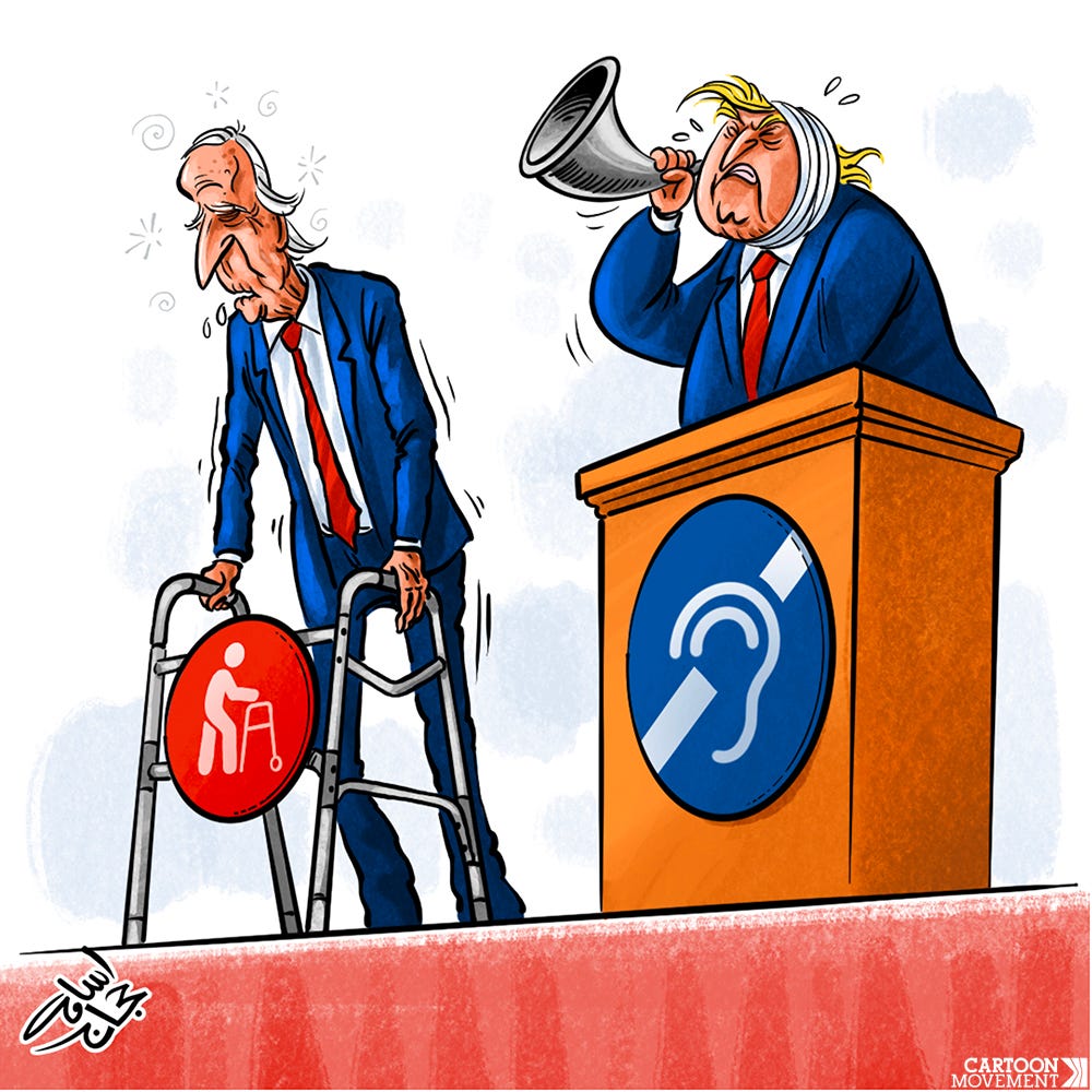 Cartoon showing Trump and Biden. Biden is stating behind a walker, while Trump has a bandage around his ear and is holding up an old-fashioned horn to hear better.