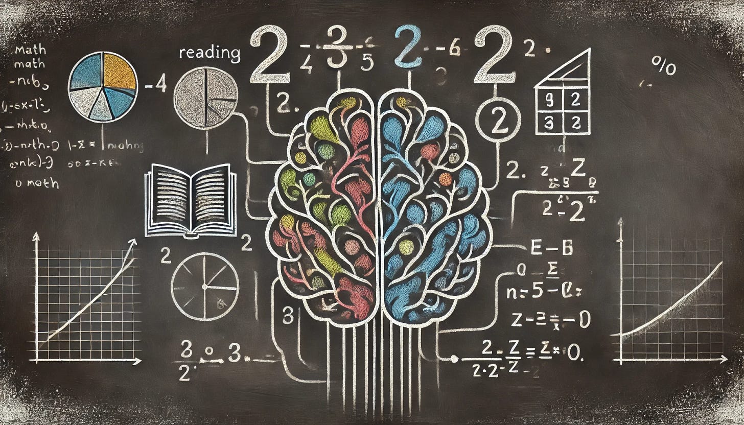 A minimalist chalkboard-style illustration emphasizing the deep connection between math and reading in the brain. The image features an abstract brain outline with neural pathways distinctly linking reading elements (open book, letters) and math elements (numbers, equations). The connections between these symbols are visually intertwined, showing their shared cognitive processing. Key brain areas, particularly the prefrontal regions, are subtly highlighted with chalk-like shading. Soft pops of color (e.g., blue, yellow, green) accentuate the interwoven pathways, reinforcing the executive functions that support both reading and math. The entire illustration seamlessly blends into a textured chalkboard background for a cohesive, hand-drawn effect. No text included. Maintain a 2:1 aspect ratio.