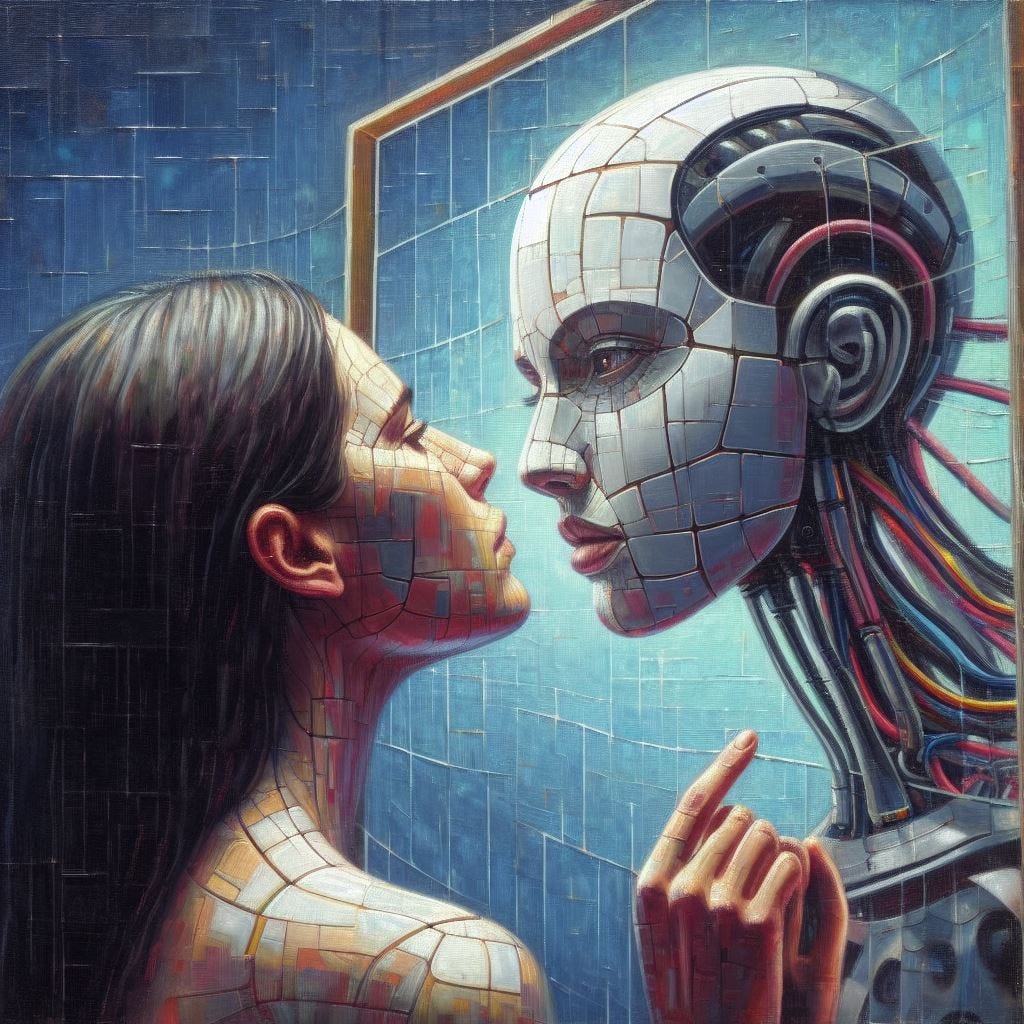 a painting of conceptual art of a woman looking in the mirror that feeds back the image of a robot. The person is very close to the mirror, almost touching it