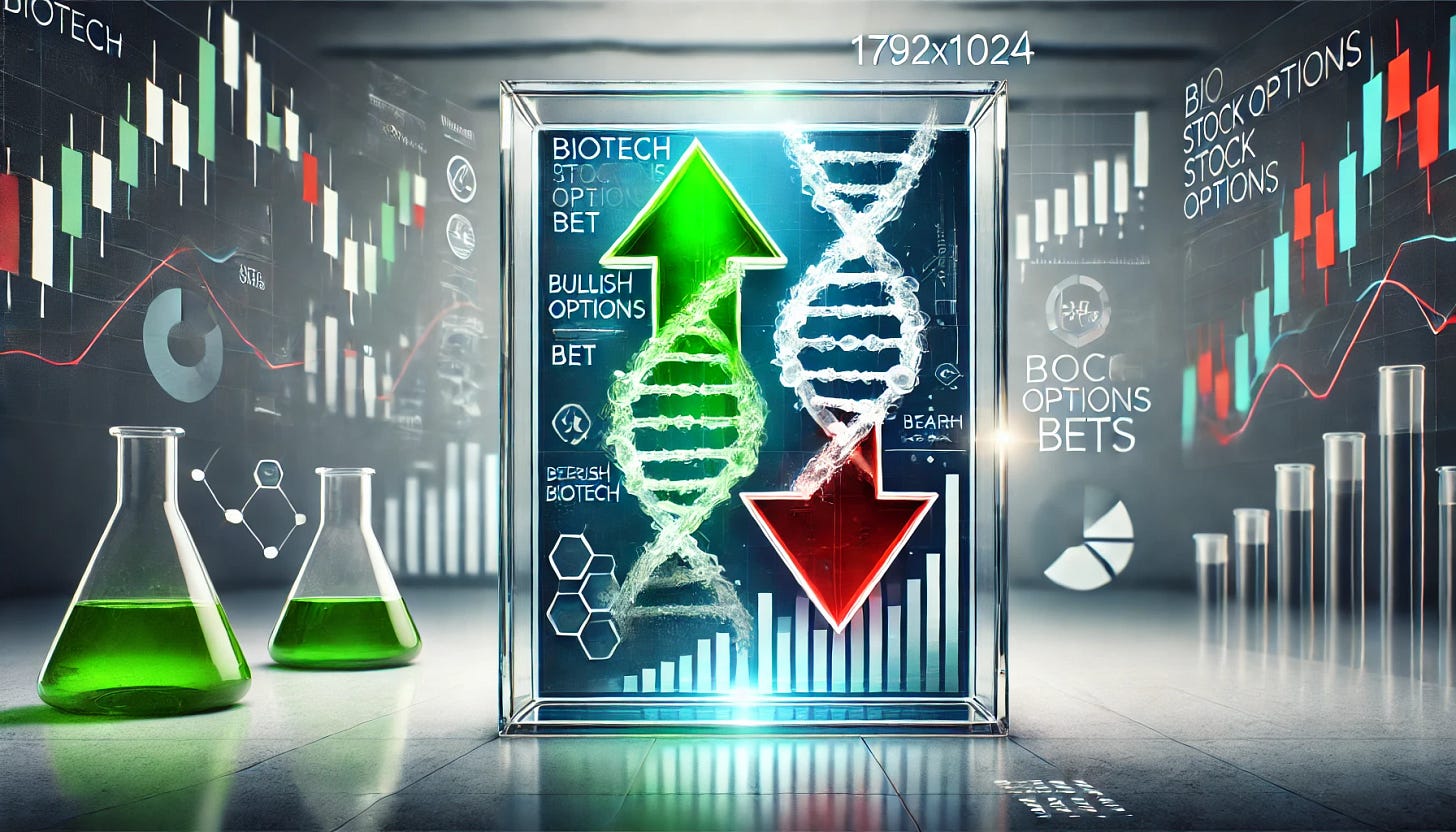 A visually striking rectangular image (1792x1024) illustrating the concept of biotech stock options bets. The image features two symbolic elements: a green, upward-pointing arrow with a double helix DNA strand integrated, representing a bullish biotech bet, and a red, downward-pointing arrow with a double helix DNA strand integrated, representing a bearish biotech bet. The background is sleek and modern with subtle stock market chart overlays and a laboratory-like atmosphere, symbolizing biotech innovation and market movement. The layout is clean and professional, emphasizing financial and biotech themes.