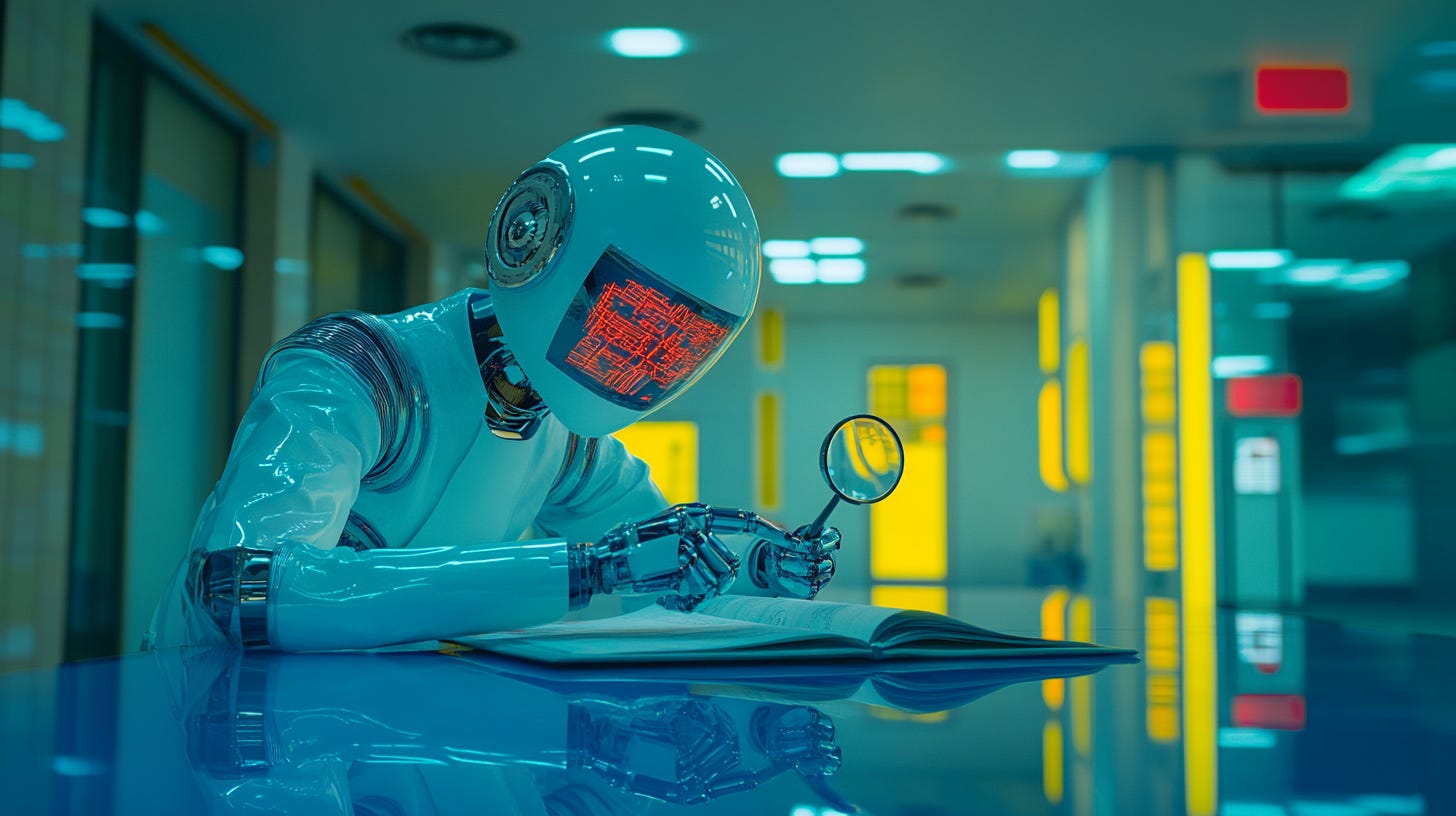 extreme close-up portrait of a cyborg scientist focused and leans over a table, magnifying glass held up to a cryptic manuscript, sophisticated laboratory. --ar 16:9 --sref 464625254 --v 6.1