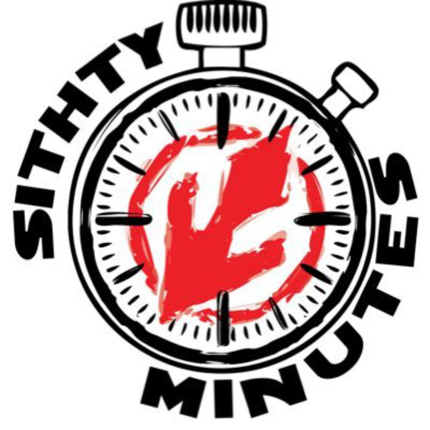 The image is a logo design featuring a stylized stopwatch. The stopwatch's circular face is outlined in black, with black tick marks around the edge, indicating the hours. In the center of the stopwatch is a bold, red needle slightly slanted to the right, with a rough, brushstroke texture. Surrounding the stopwatch, the words Sithty Minutes are written in bold, black capital letters, with "Sithty" on the left side and "Minutes" on the right side, curving along the circular shape of the stopwatch. The overall design has a dynamic, edgy feel.