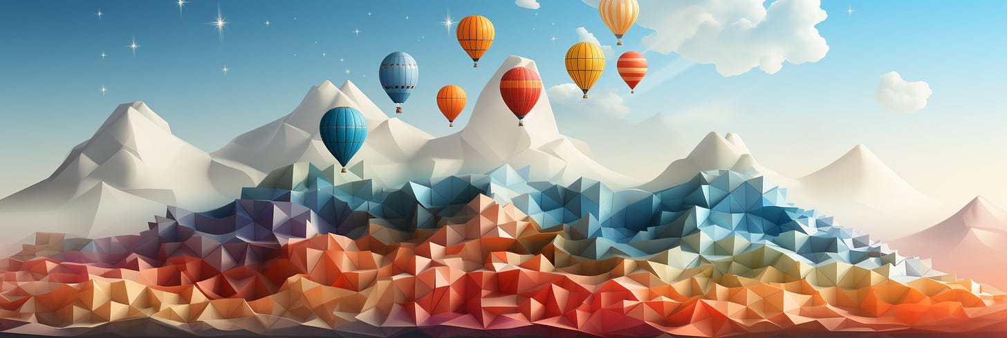 The image features a serene and stylized landscape composed of low-poly geometric shapes, creating a range of mountains that transition from cool blues in the foreground to warm oranges and reds, reminiscent of a sunrise or sunset. Above this colorful terrain, several hot air balloons float peacefully in the sky, with patterns and stripes adorning their surfaces. The sky is clear with a few fluffy clouds and twinkling stars, lending a magical quality to the scene.