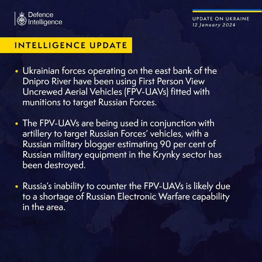 Ukrainian forces operating on the east bank of the Dnipro River have been using First Person View Uncrewed Aerial Vehicles (FPV-UAVs) fitted with munitions to target Russian Forces.

The FPV-UAVs are being used in conjunction with artillery to target Russian Forces’ vehicles, with a Russian military blogger estimating 90 per cent of Russian military equipment in the Krynky sector has been destroyed.

Russia’s inability to counter the FPV-UAVs is likely due to a shortage of Russian Electronic Warfare capability in the area.