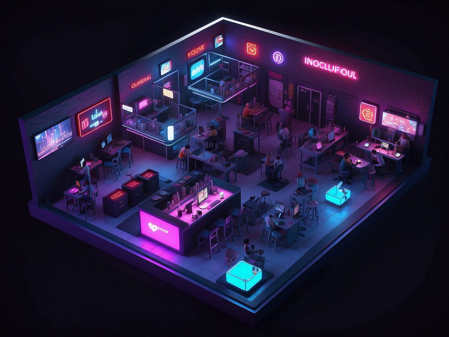 cyberpunk RPG scenario | 3D isometric view | a night club in the city | neon atmosphere

