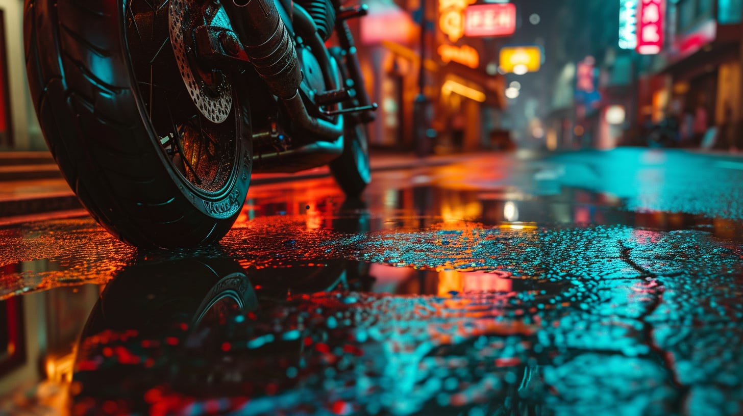 Midjourney V6 image for "Worm's eye view photo of a cyberpunk motorcycle wheel running over a puddle. Neon signs of the city reflect in the puddle."