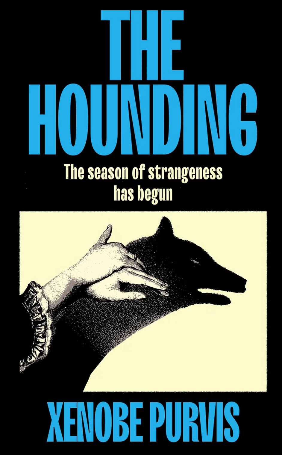 image of Purvis' book _The Hounding_ with a profile of a dog next to two hands in shadow "creating" a dog image