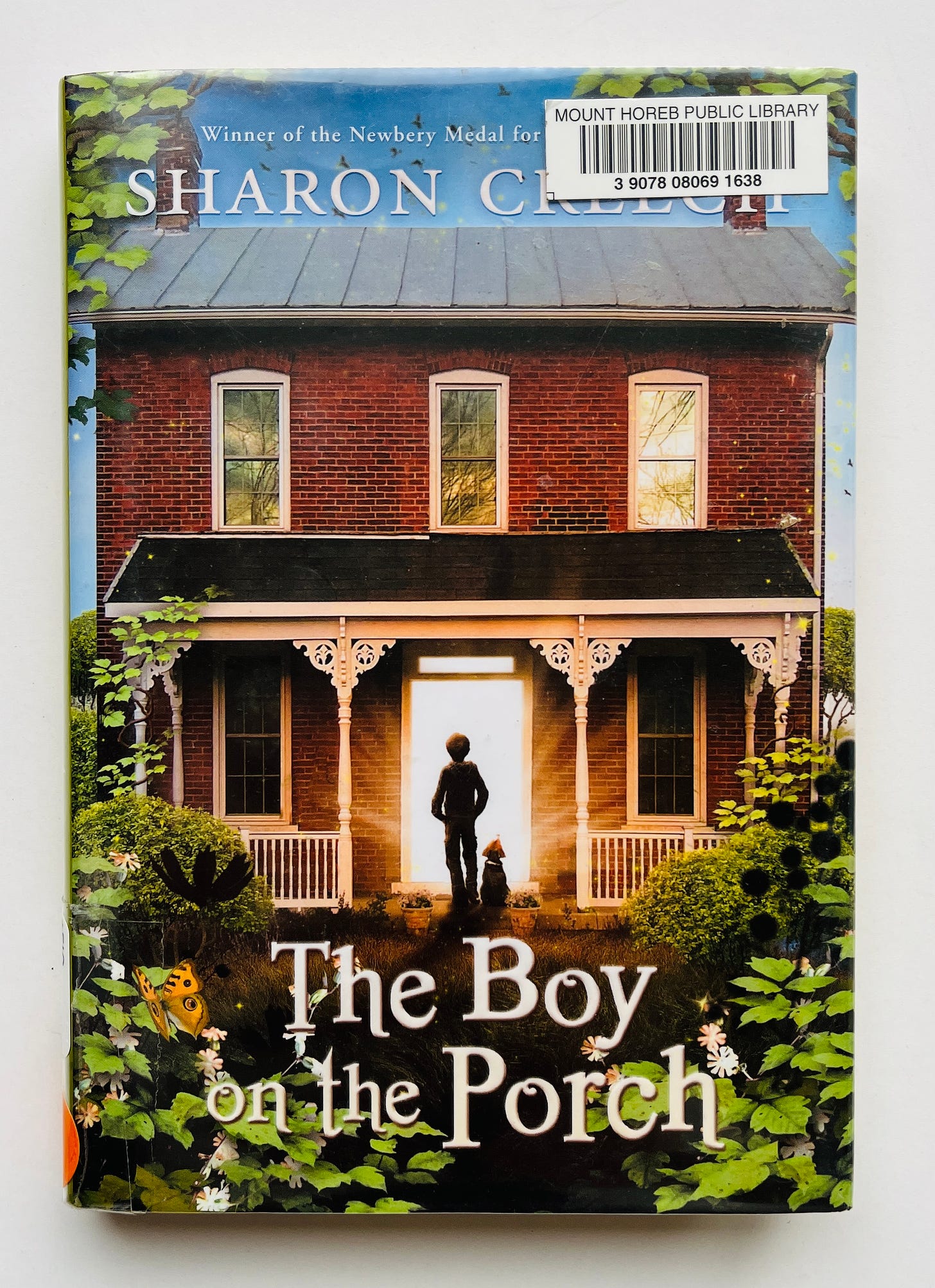 A book cover featuring a brick house and a boy and a dog standing in a doorway full of light