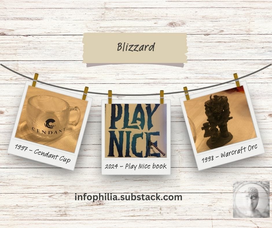 Blizzard Cendant Coffee cup, play nice book cover image, cast iron warcraft orc figure